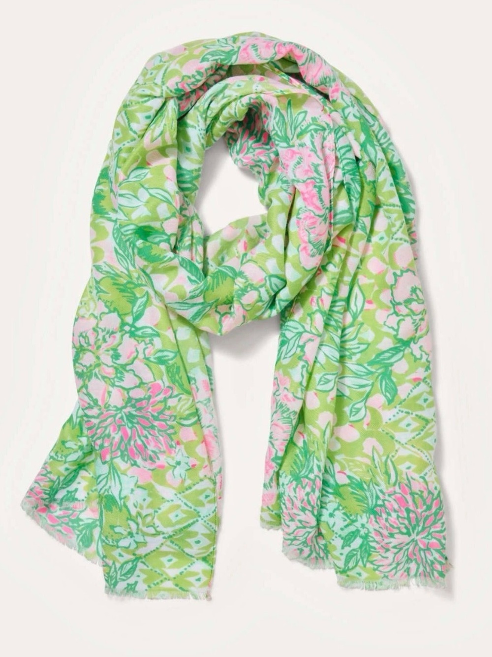 Lilly Pulitzer Light Green Floral Scarf with Pink Accents
